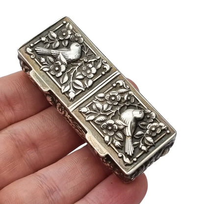 Caja rectangular antigua plata 925 pastillero doble tapa repujados joyero