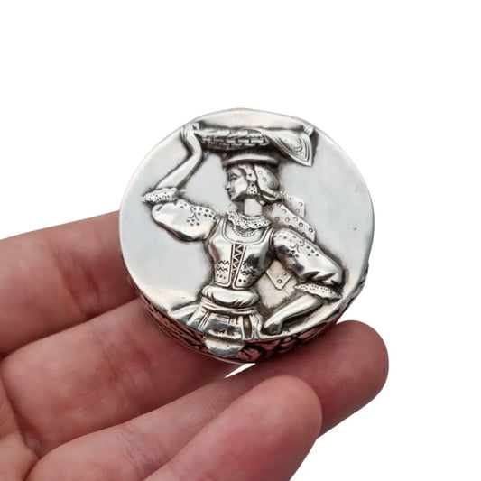 Caja redonda costumbrista tradicional de vendedora pescado e plata 925