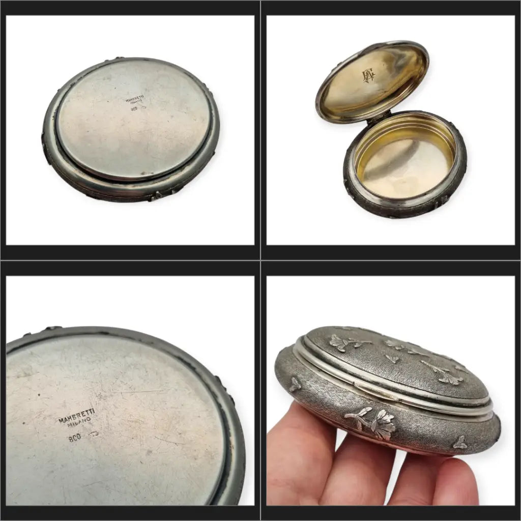 Caja vintage ovalada floral en relieve de plata italiana 800 firmada Mambretti