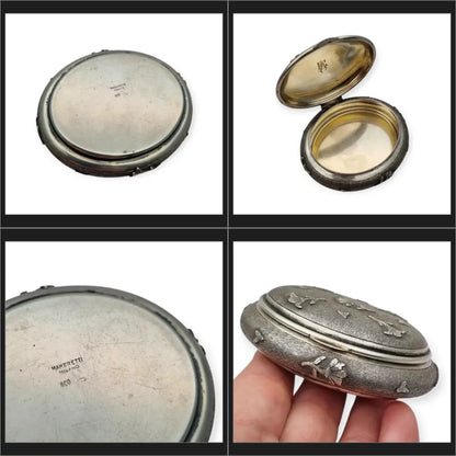 Caja vintage ovalada floral en relieve de plata italiana 800 firmada Mambretti