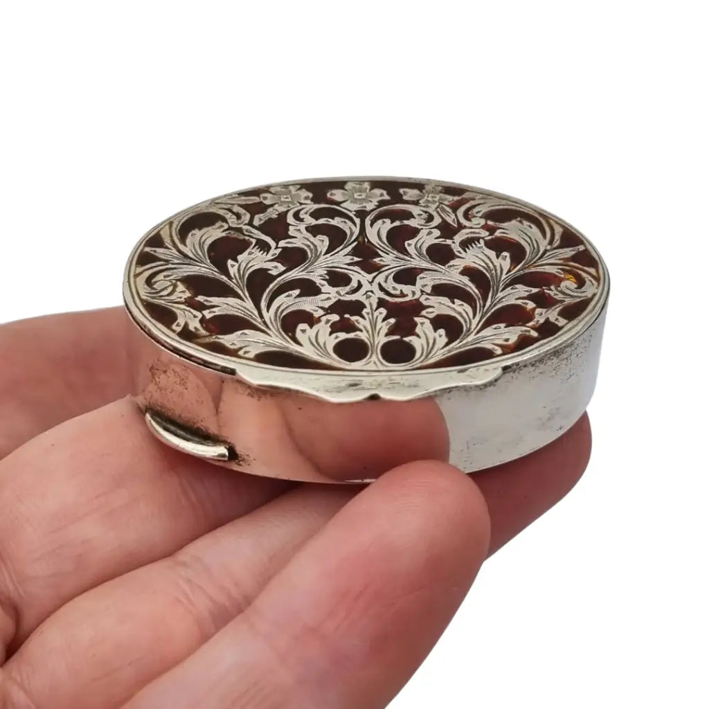 Caja vintage de plata 800 con tapa esmaltada floral calada joyero ovalado
