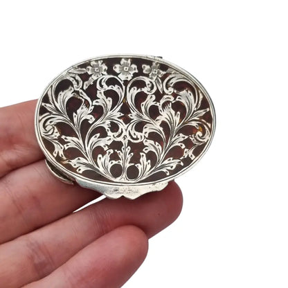 Caja vintage de plata 800 con tapa esmaltada floral calada joyero ovalado