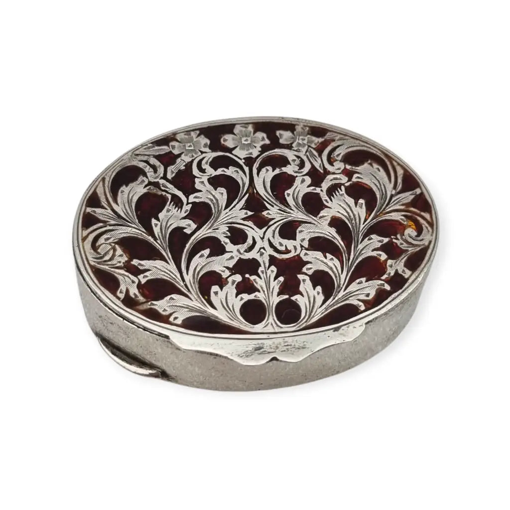 Caja vintage de plata 800 con tapa esmaltada floral calada joyero ovalado