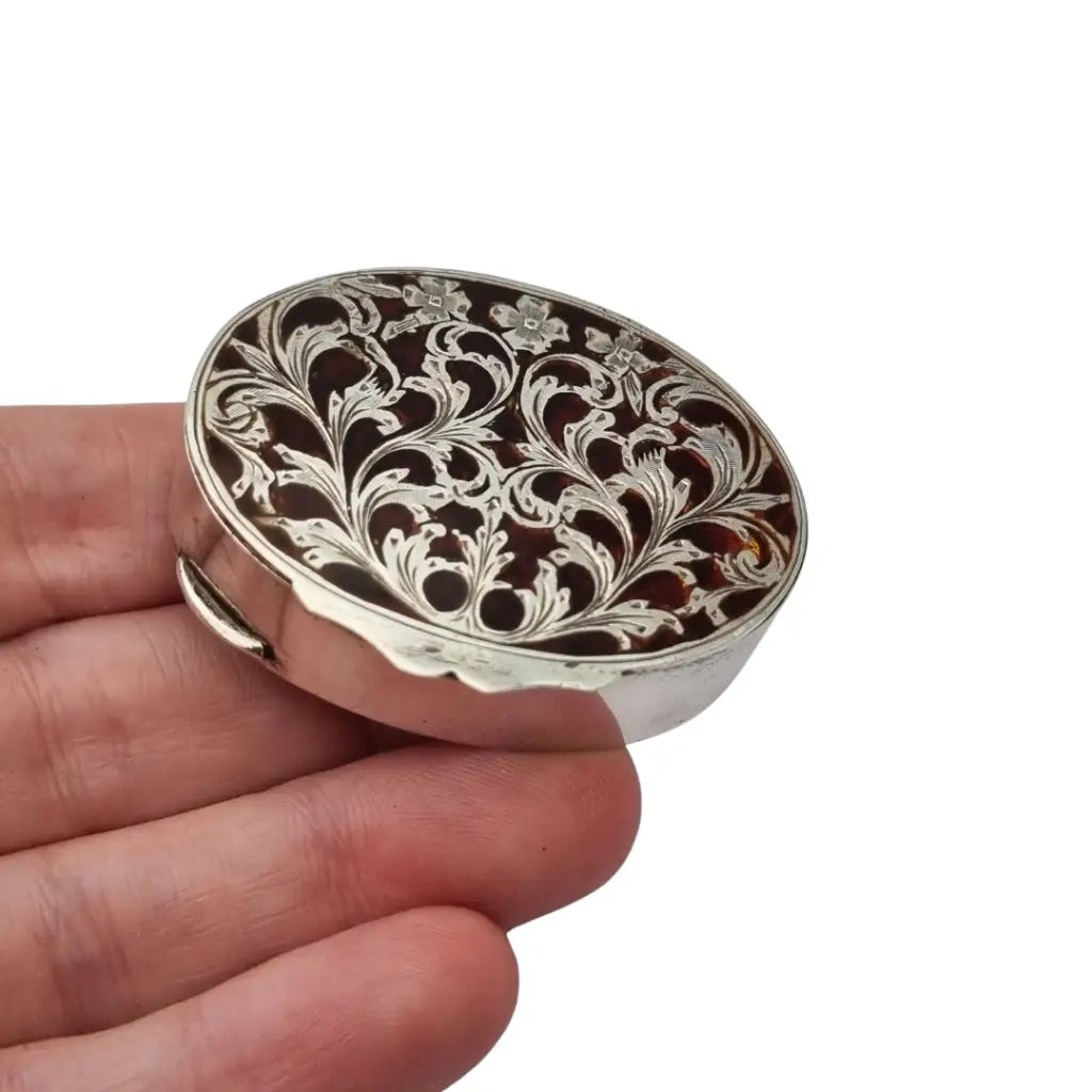 Caja vintage de plata 800 con tapa esmaltada floral calada joyero ovalado