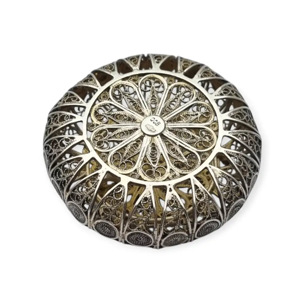Caja vintage redonda de filigrana en plata 800 trabajo artesanal siglo XX.