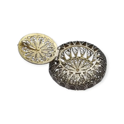 Caja vintage redonda de filigrana en plata 800 trabajo artesanal siglo XX.