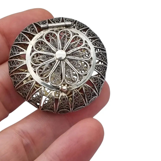 Caja vintage redonda de filigrana en plata 800 trabajo artesanal siglo XX.