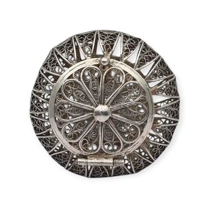 Caja vintage redonda de filigrana en plata 800 trabajo artesanal siglo XX.