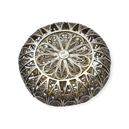 Caja vintage redonda de filigrana en plata 800 trabajo artesanal siglo XX.