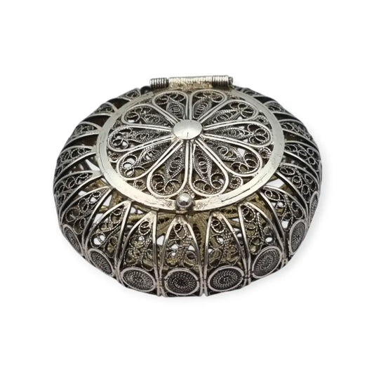 Caja vintage redonda de filigrana en plata 800 trabajo artesanal siglo XX.