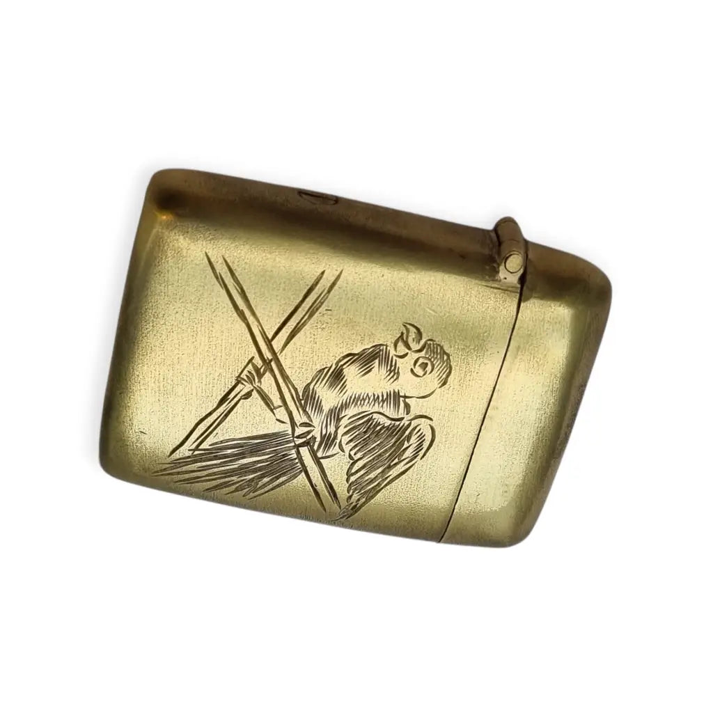 Cerillera antigua de latón grabado con loro Caja fósforos vintage años 40 50