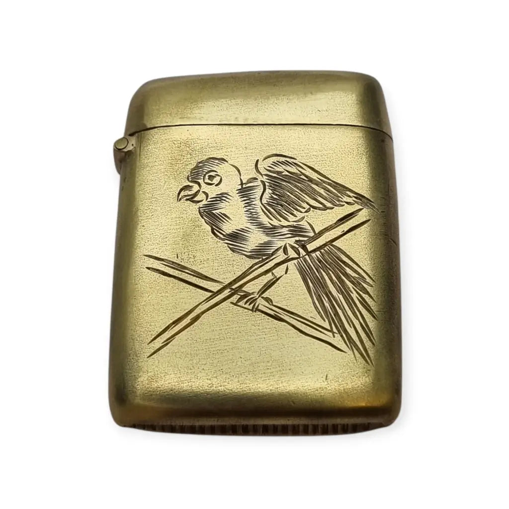 Cerillera antigua de latón grabado con loro Caja fósforos vintage años 40 50