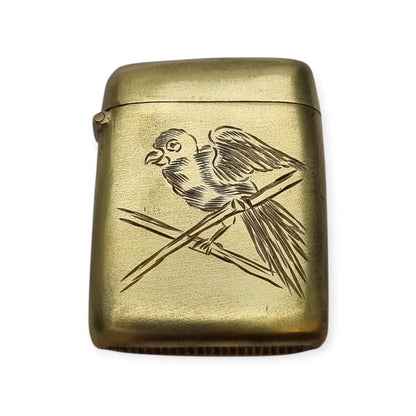 Cerillera antigua de latón grabado con loro Caja fósforos vintage años 40 50