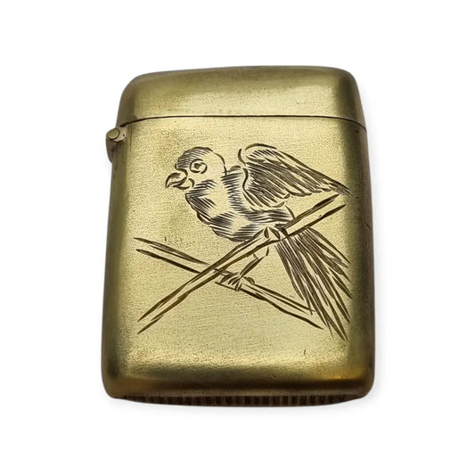 Cerillera antigua de latón grabado con loro Caja fósforos vintage años 40 50