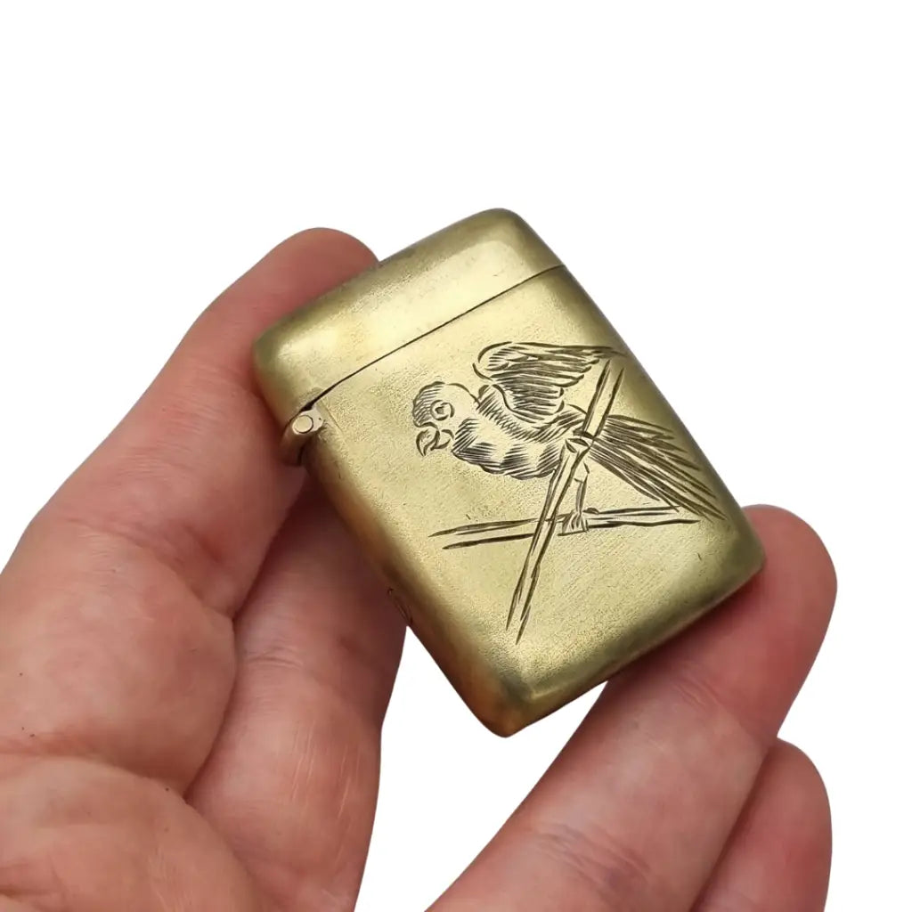 Cerillera antigua de latón grabado con loro Caja fósforos vintage años 40 50