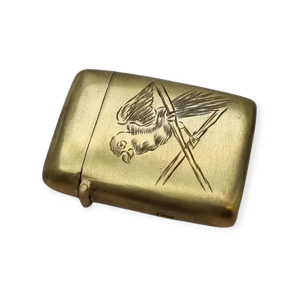 Cerillera antigua de latón grabado con loro Caja fósforos vintage años 40 50