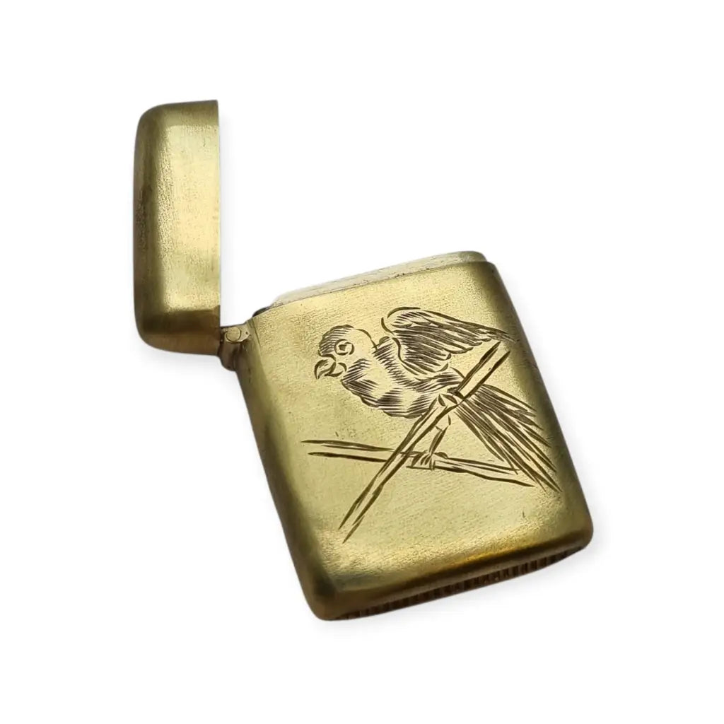 Cerillera antigua de latón grabado con loro Caja fósforos vintage años 40 50