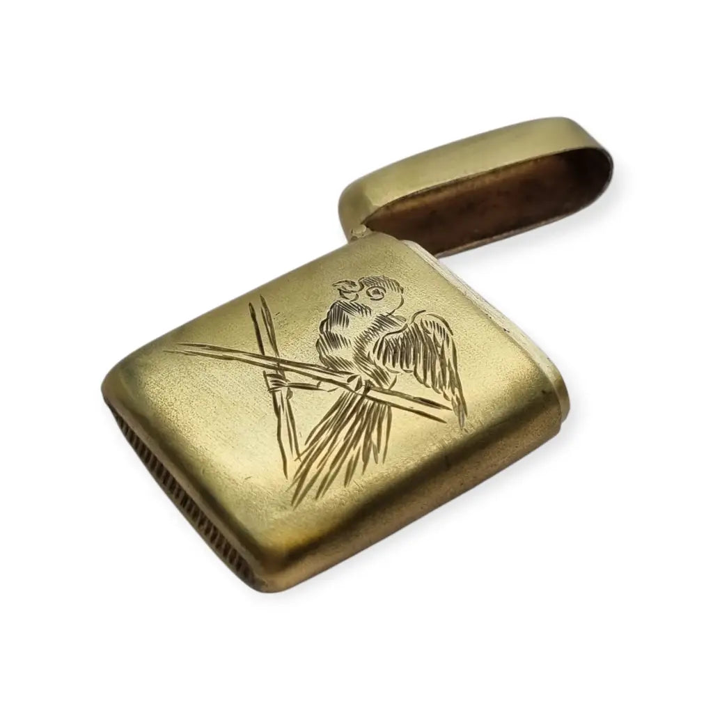 Cerillera antigua de latón grabado con loro Caja fósforos vintage años 40 50