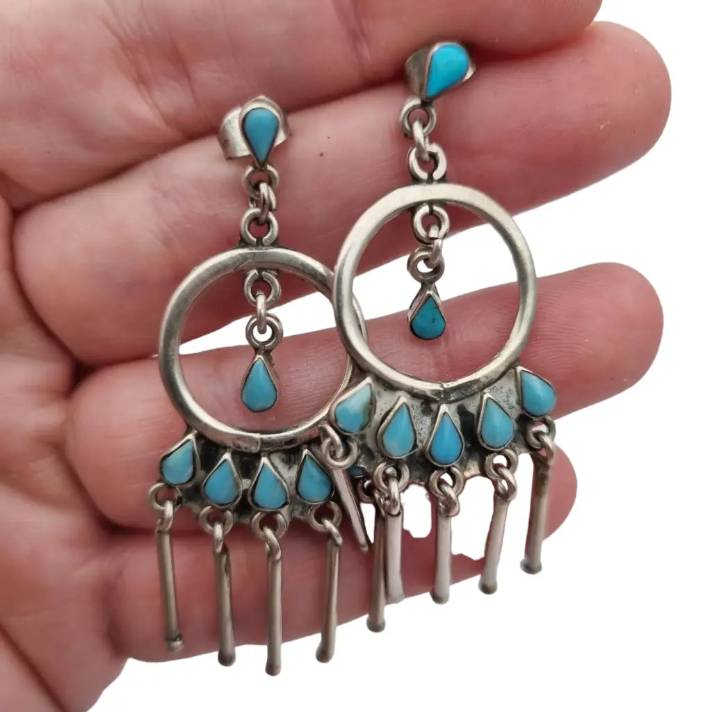 Pendientes mujer boho vintage mexicanos de plata ley 925 y piedra turquesa.