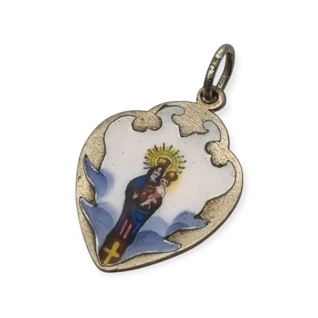 Colgante antiguo religioso en metal con esmalte pintado Virgen Niño siglo