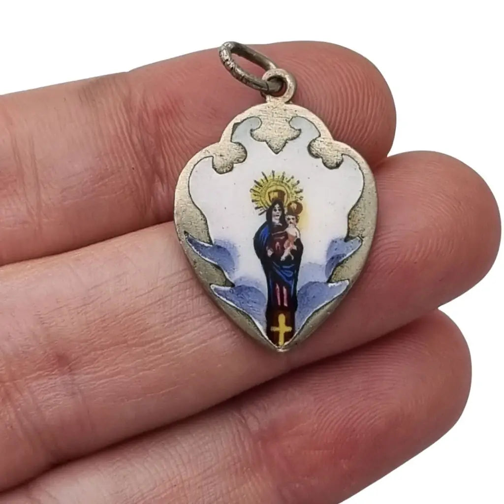 Colgante antiguo religioso en metal con esmalte pintado Virgen Niño siglo