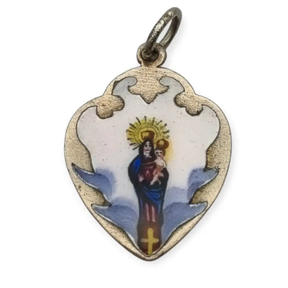 Colgante antiguo religioso en metal con esmalte pintado Virgen Niño siglo