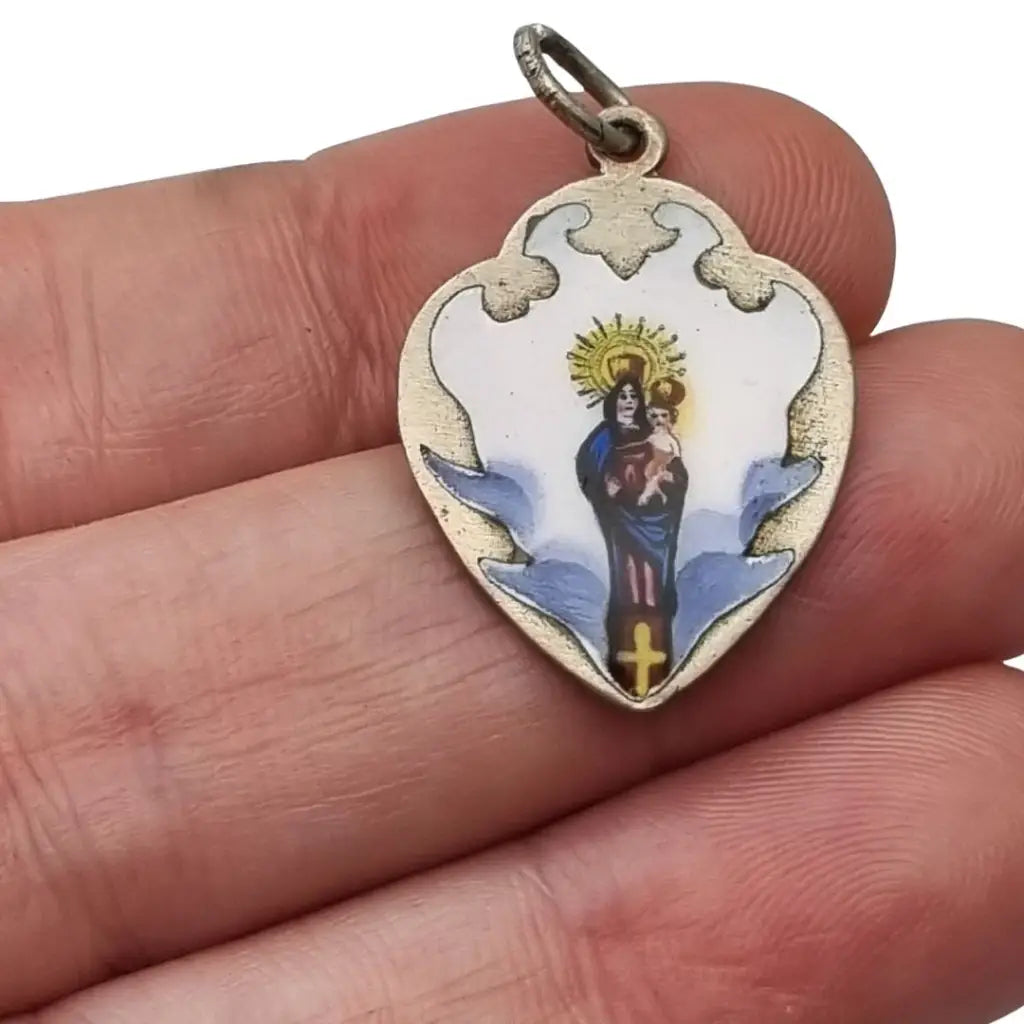 Colgante antiguo religioso en metal con esmalte pintado Virgen Niño siglo