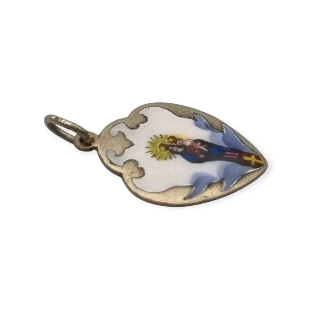 Colgante antiguo religioso en metal con esmalte pintado Virgen Niño siglo