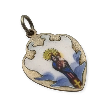 Colgante antiguo religioso en metal con esmalte pintado Virgen Niño siglo