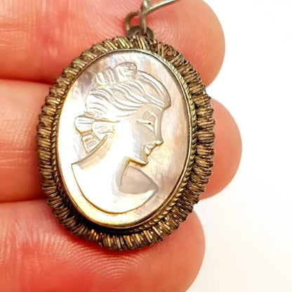 Colgante camafeo concha vintage madre perla tallada broche de plata 800.