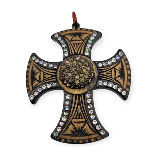 Colgante cruz art déco con incrustaciones y strass baquelita grabada años