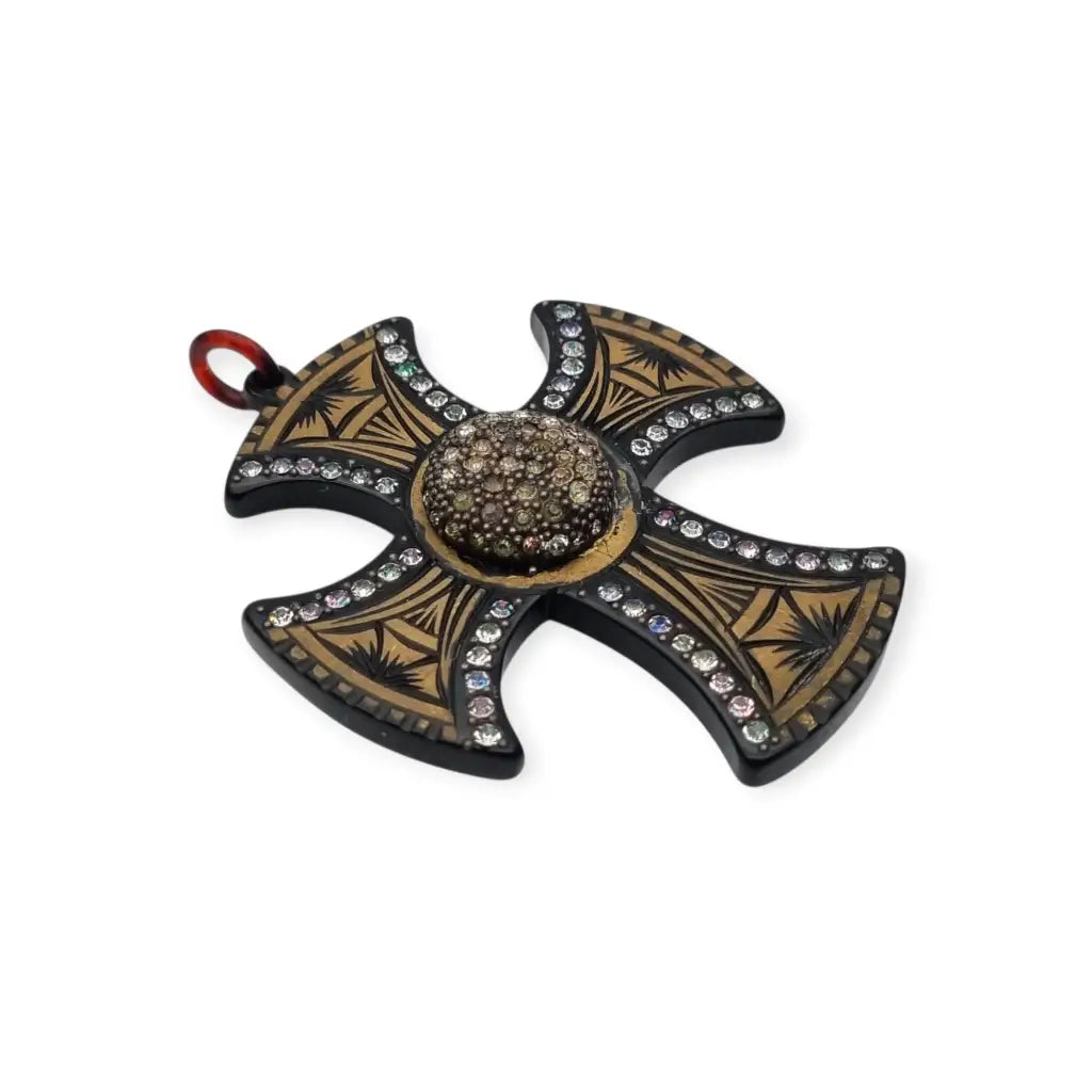 Colgante cruz art déco con incrustaciones y strass baquelita grabada años