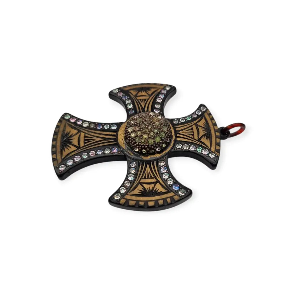 Colgante cruz art déco con incrustaciones y strass baquelita grabada años