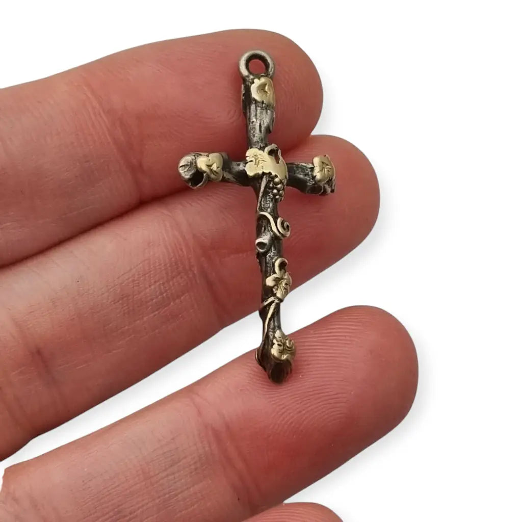 Colgante cruz con vid en plata y oro regalos religiosos vintage de los años