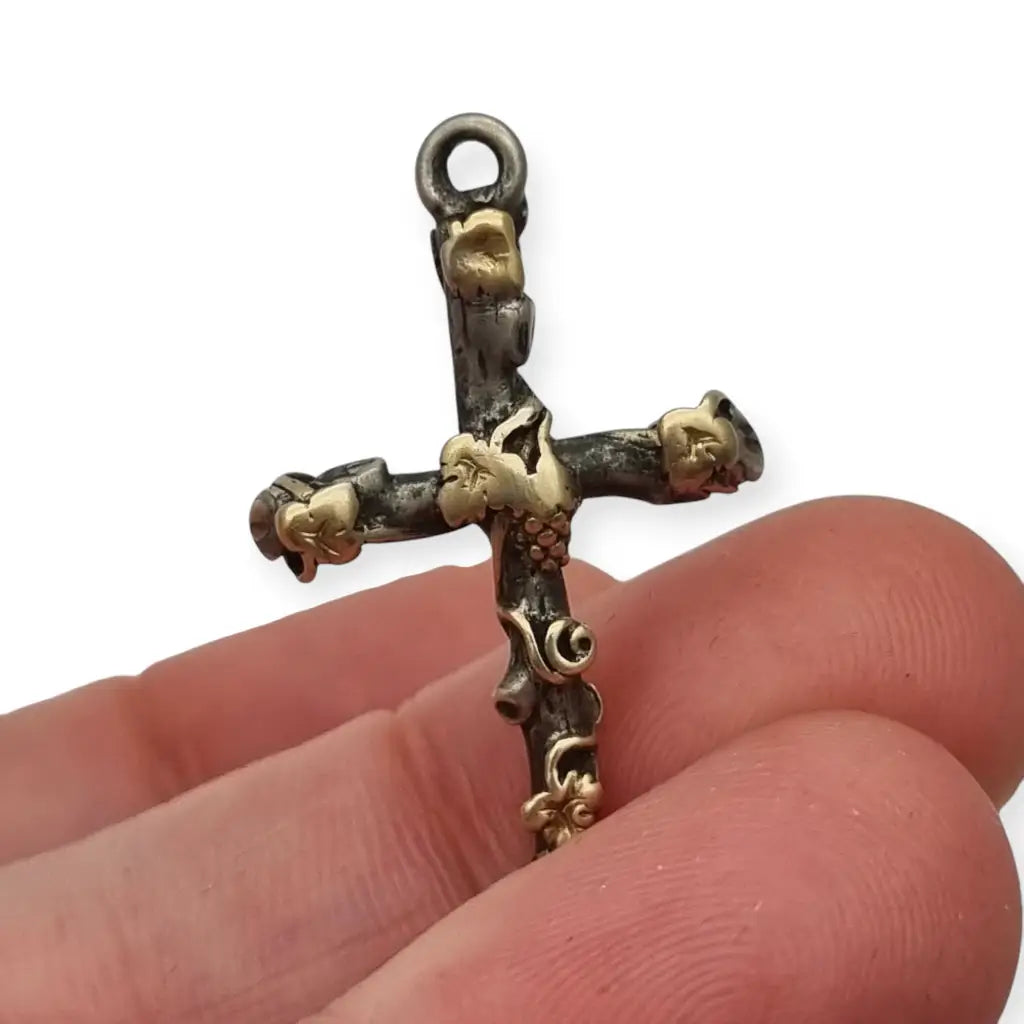 Colgante cruz con vid en plata y oro regalos religiosos vintage de los años