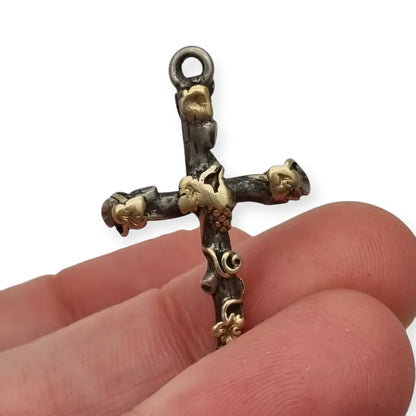 Colgante cruz con vid en plata y oro regalos religiosos vintage de los años