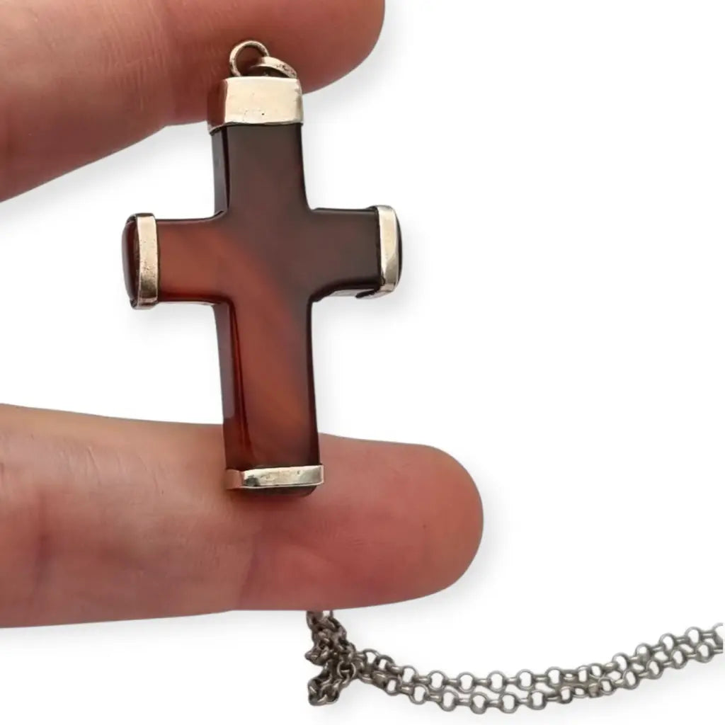 Colgante cruz vintage de ágata marrón en montura plata 925 artesanal diseño