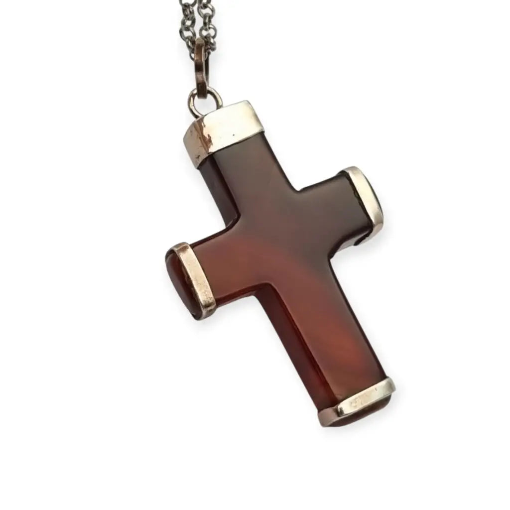 Colgante cruz vintage de ágata marrón en montura plata 925 artesanal diseño