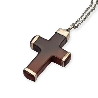 Colgante cruz vintage de ágata marrón en montura plata 925 artesanal diseño