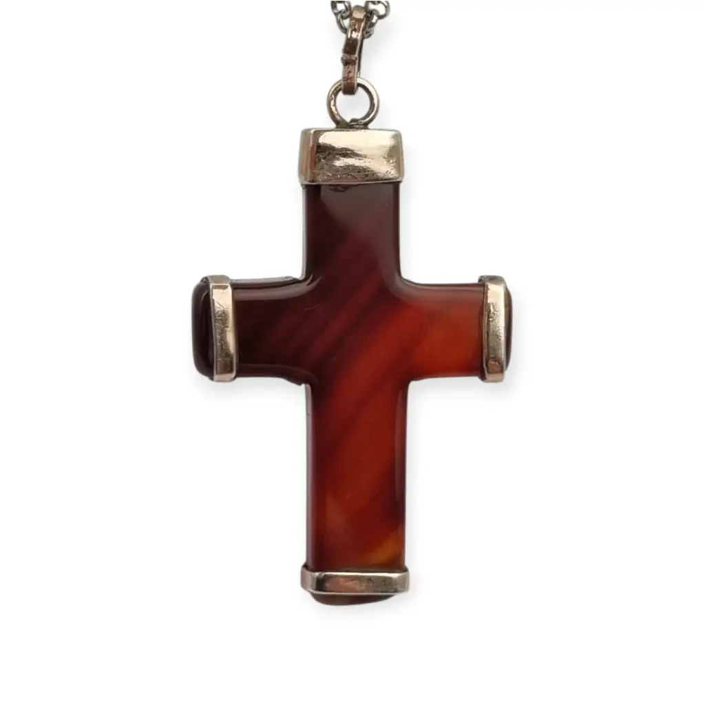 Colgante cruz vintage de ágata marrón en montura plata 925 artesanal diseño