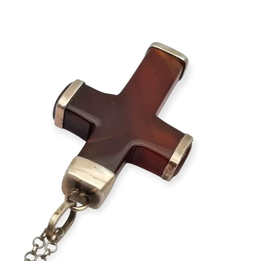 Colgante cruz vintage de ágata marrón en montura plata 925 artesanal diseño