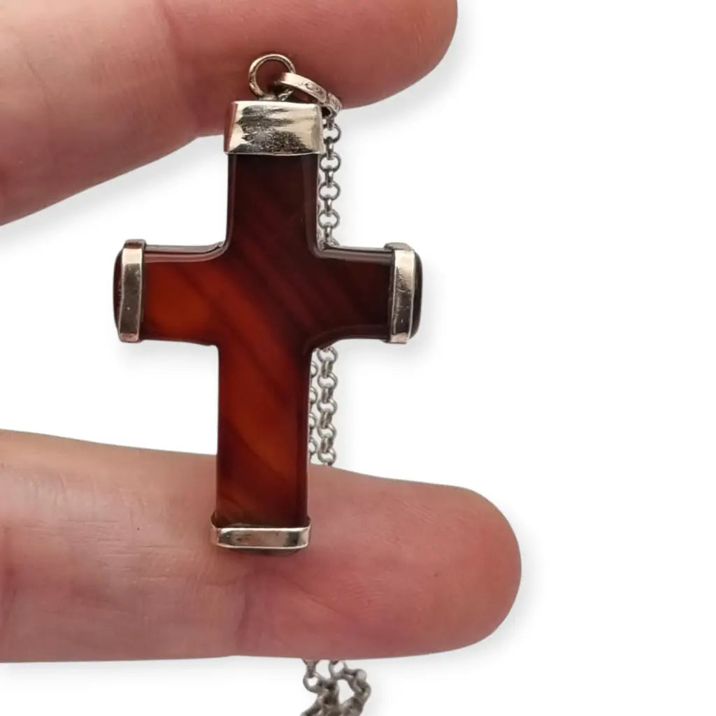 Colgante cruz vintage de ágata marrón en montura plata 925 artesanal diseño