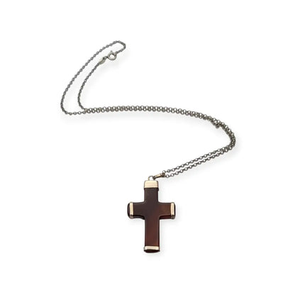 Colgante cruz vintage de ágata marrón en montura plata 925 artesanal diseño