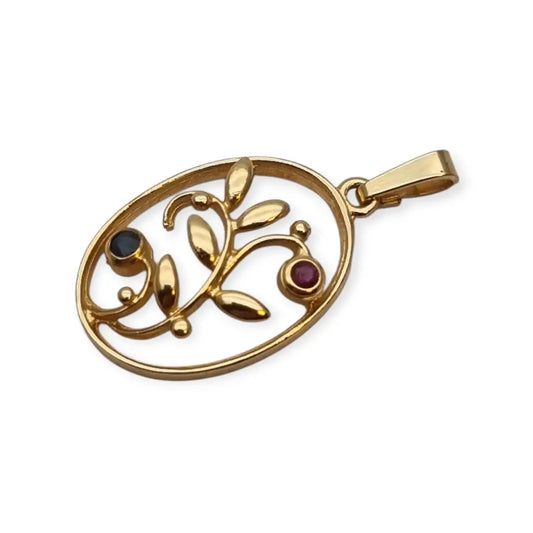 Colgante floral ovalado Oria en oro laminado con rubí azul y zafiro rosa –
