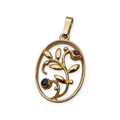 Colgante floral ovalado Oria en oro laminado con rubí azul y zafiro rosa –
