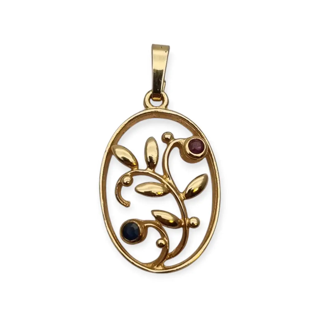 Colgante floral ovalado Oria en oro laminado con rubí azul y zafiro rosa –
