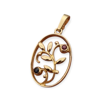 Colgante floral ovalado Oria en oro laminado con rubí azul y zafiro rosa –