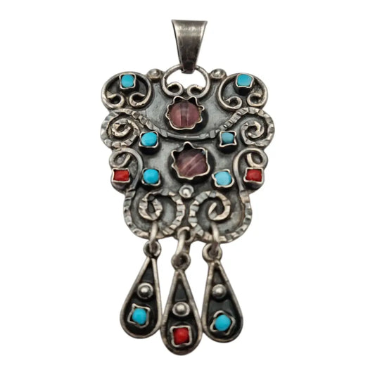 Colgante mexicano vintaghe en plata con gemas de colores y tres lágrimas