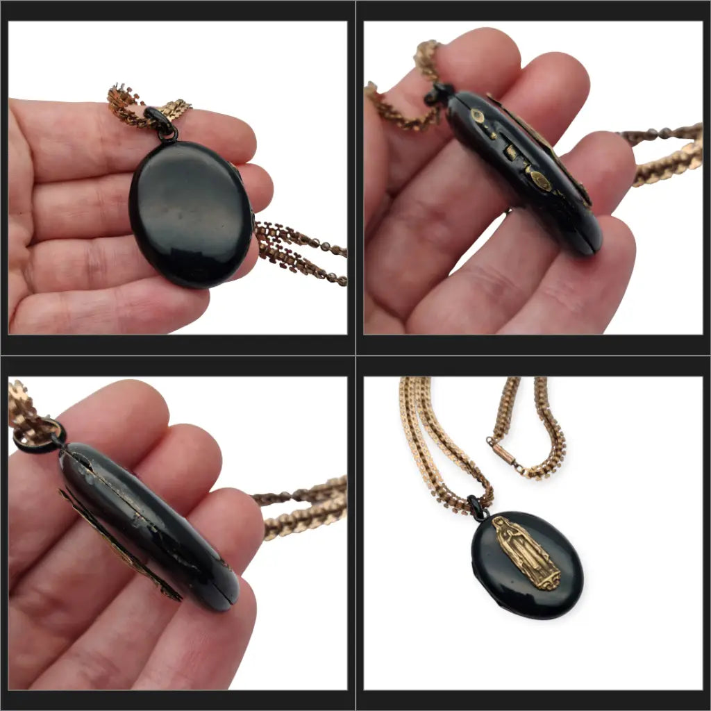 Colgante relicario Victoriano con Virgen medallón religioso antiguo en esmalte