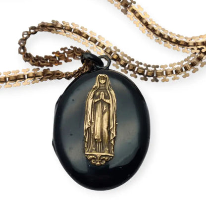 Colgante relicario Victoriano con Virgen medallón religioso antiguo en esmalte